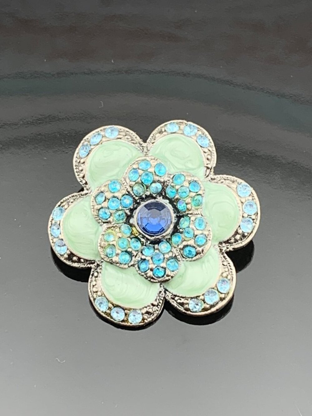 Sage Green Flower Blue Sparkles Pendant Brooch Costume Fashion Jewelry J1448